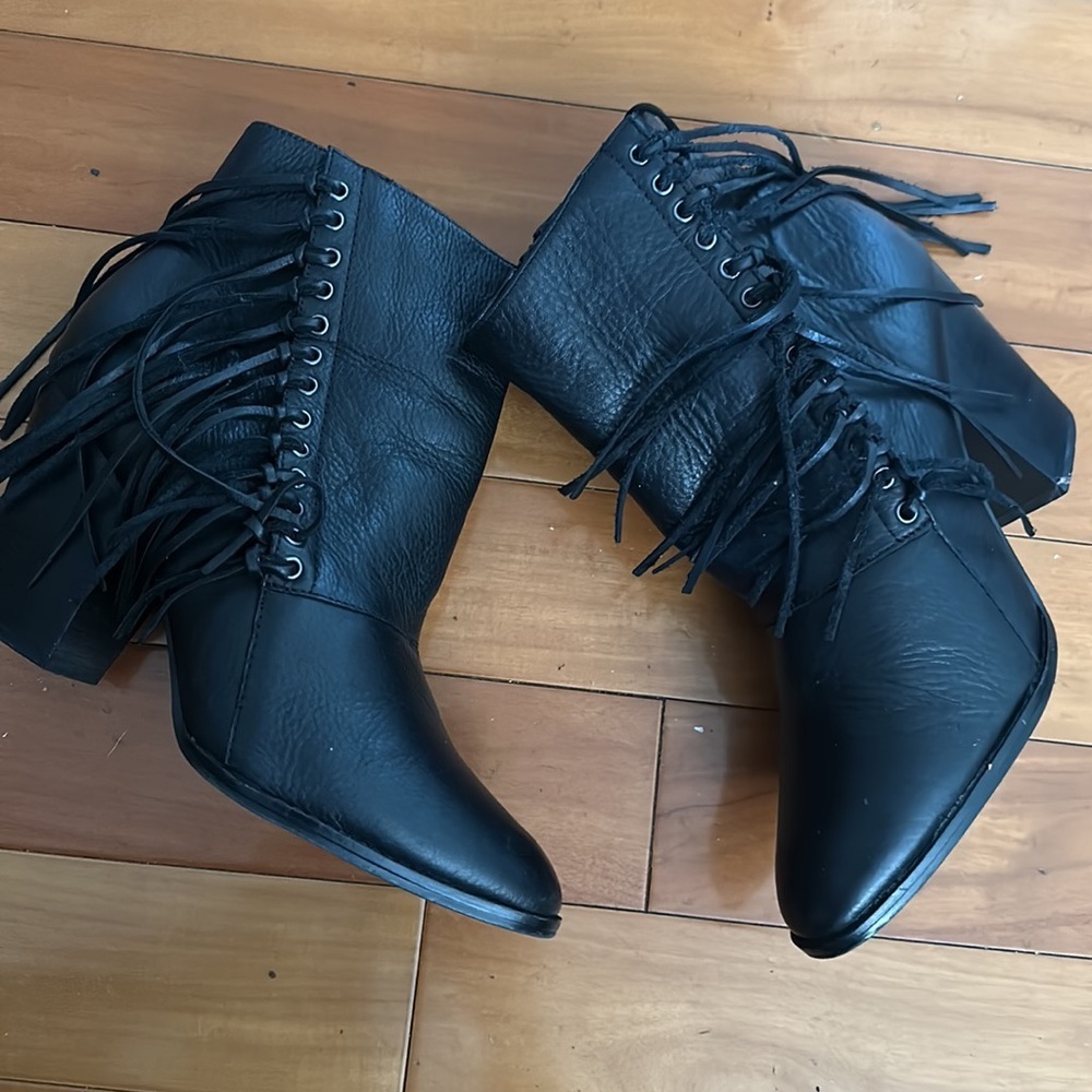 Aldo black leather boots size 8 pointed toe western ankle  cow girl boot fringe
